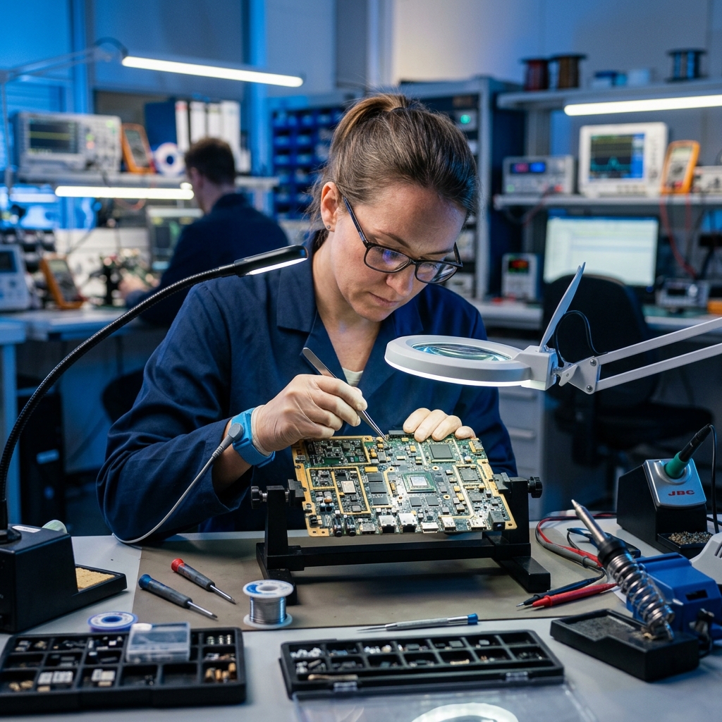 Ingeniero biomédico reparando equipo médico